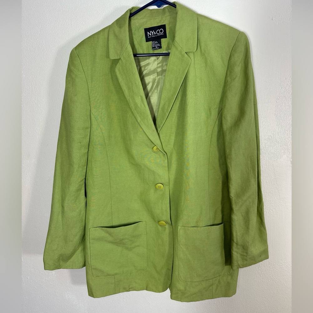 NY & CO Jacket Sz 10 Linen Blend Blazer Spring Green Work Staple Lined 3 Button